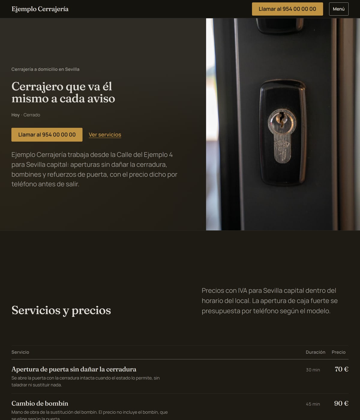 Portada de la web de ejemplo de una cerrajería: fondo casi negro, foto de un cierre metálico ocupando la mitad derecha y el botón dorado de llamar.